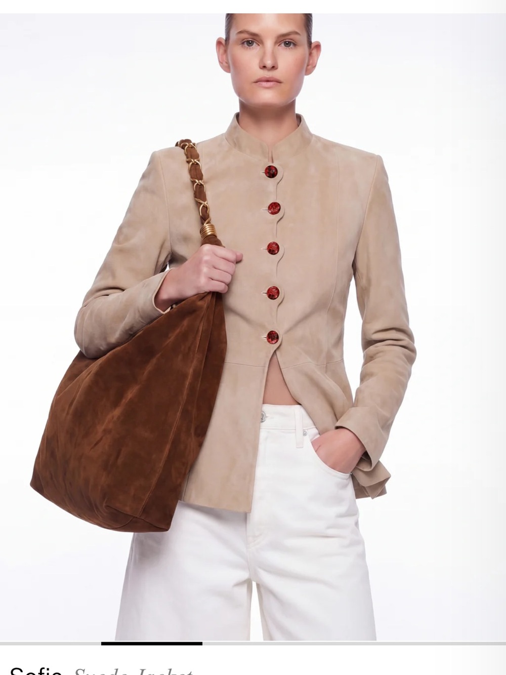 Carellia Sofia Tailored Suede Jacket in Beige with Red Button Accents